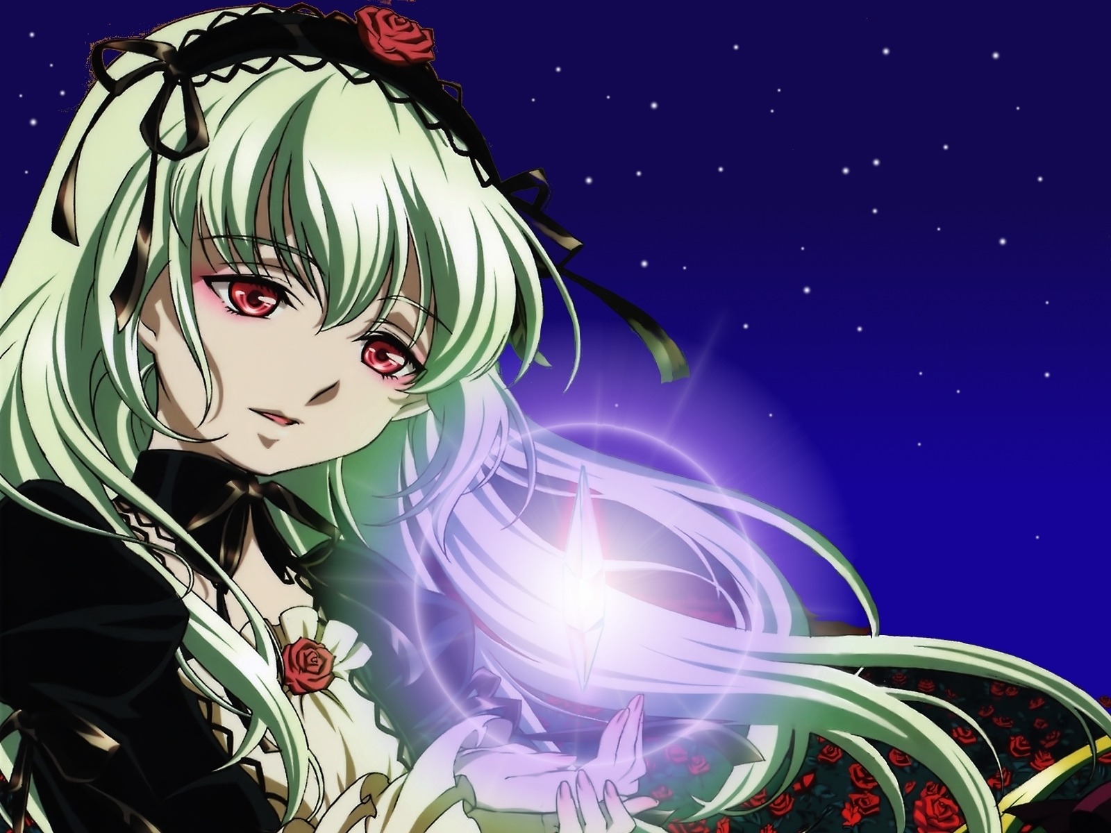 1girl dress flower hairband image long_hair night night_sky pink_rose red_eyes red_flower red_rose ribbon rose shinku sky solo star_(sky) starry_sky suigintou