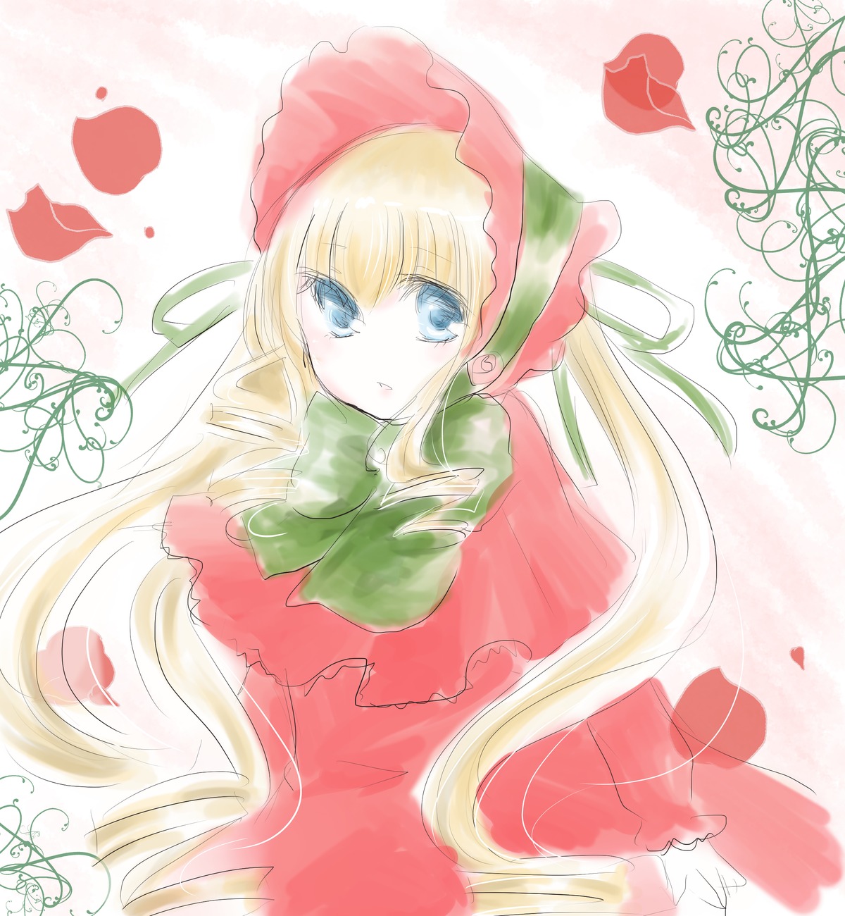 1girl blonde_hair blue_eyes bonnet bow bowtie dress flower green_bow green_neckwear image long_hair long_sleeves looking_at_viewer shinku solo twintails upper_body very_long_hair