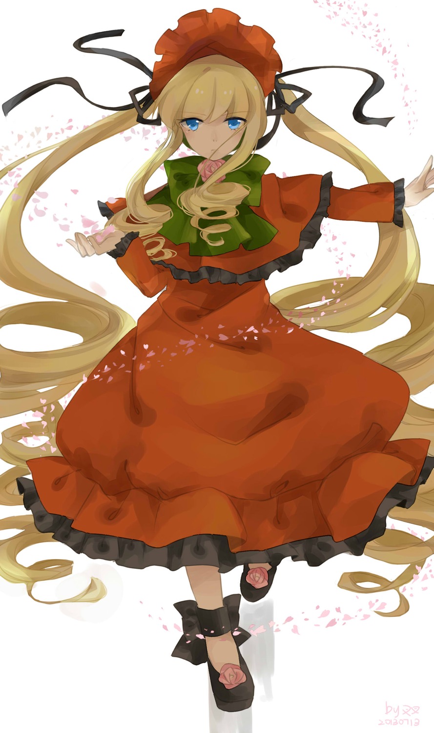 1girl absurdly_long_hair auto_tagged blonde_hair blue_eyes bonnet bow bowtie dress flower full_body image long_hair long_sleeves looking_at_viewer red_dress shinku solo standing twintails very_long_hair