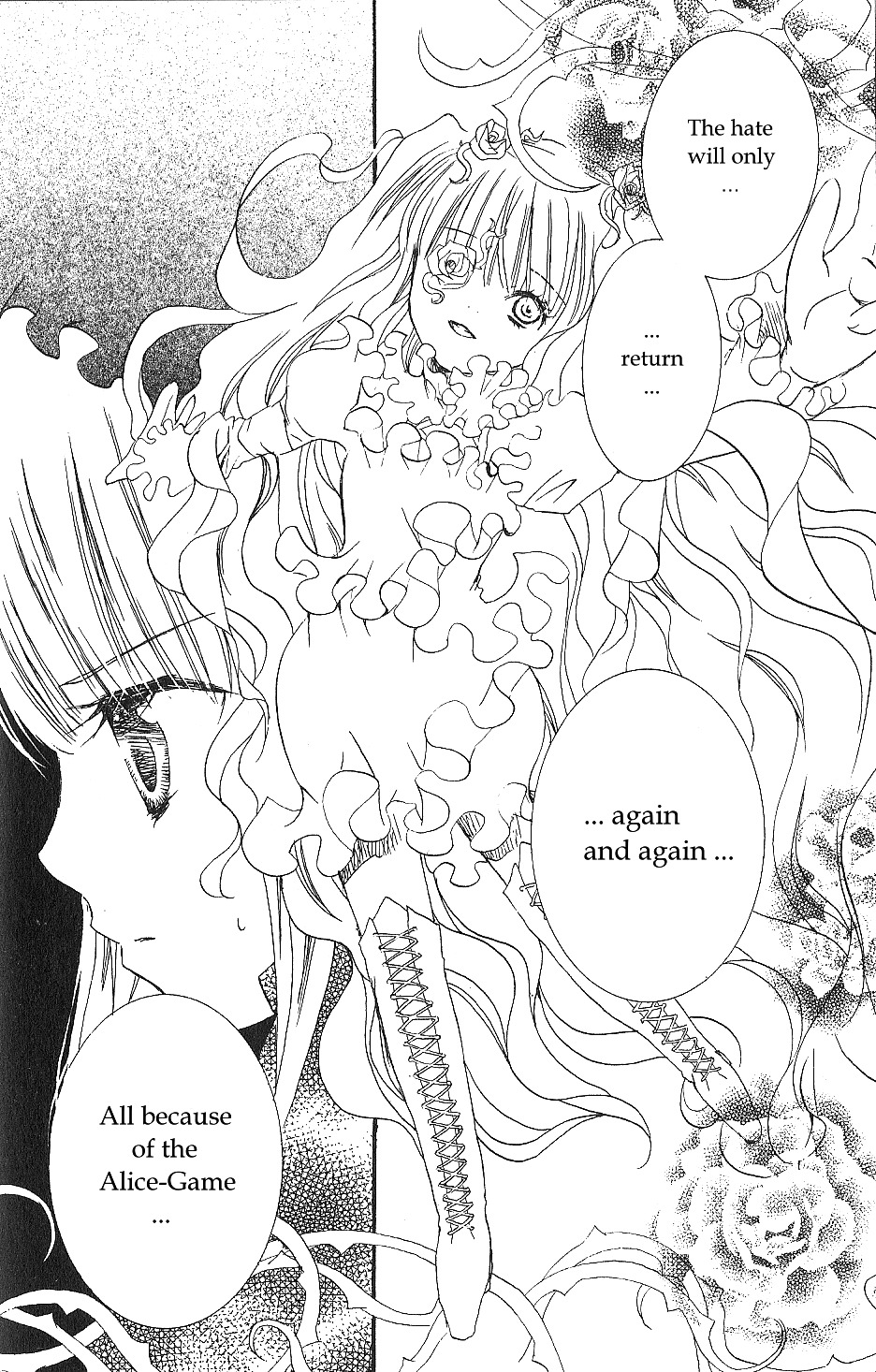 1girl comic cross-laced_footwear doujinshi dress english_text greyscale hair_ornament image kirakishou long_hair monochrome solo