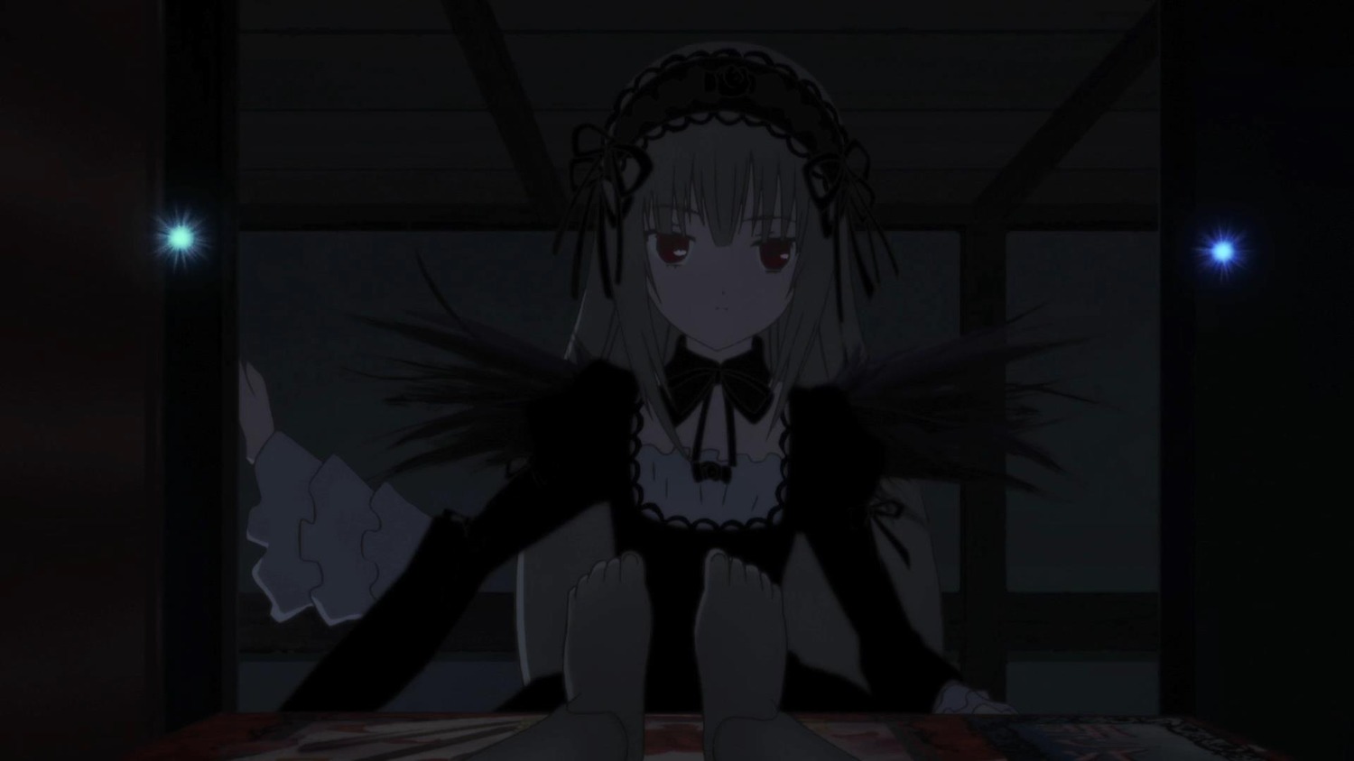 1girl black_wings dress flower frills hairband image lolita_hairband long_hair long_sleeves looking_at_viewer red_eyes ribbon rose sitting solo suigintou wings