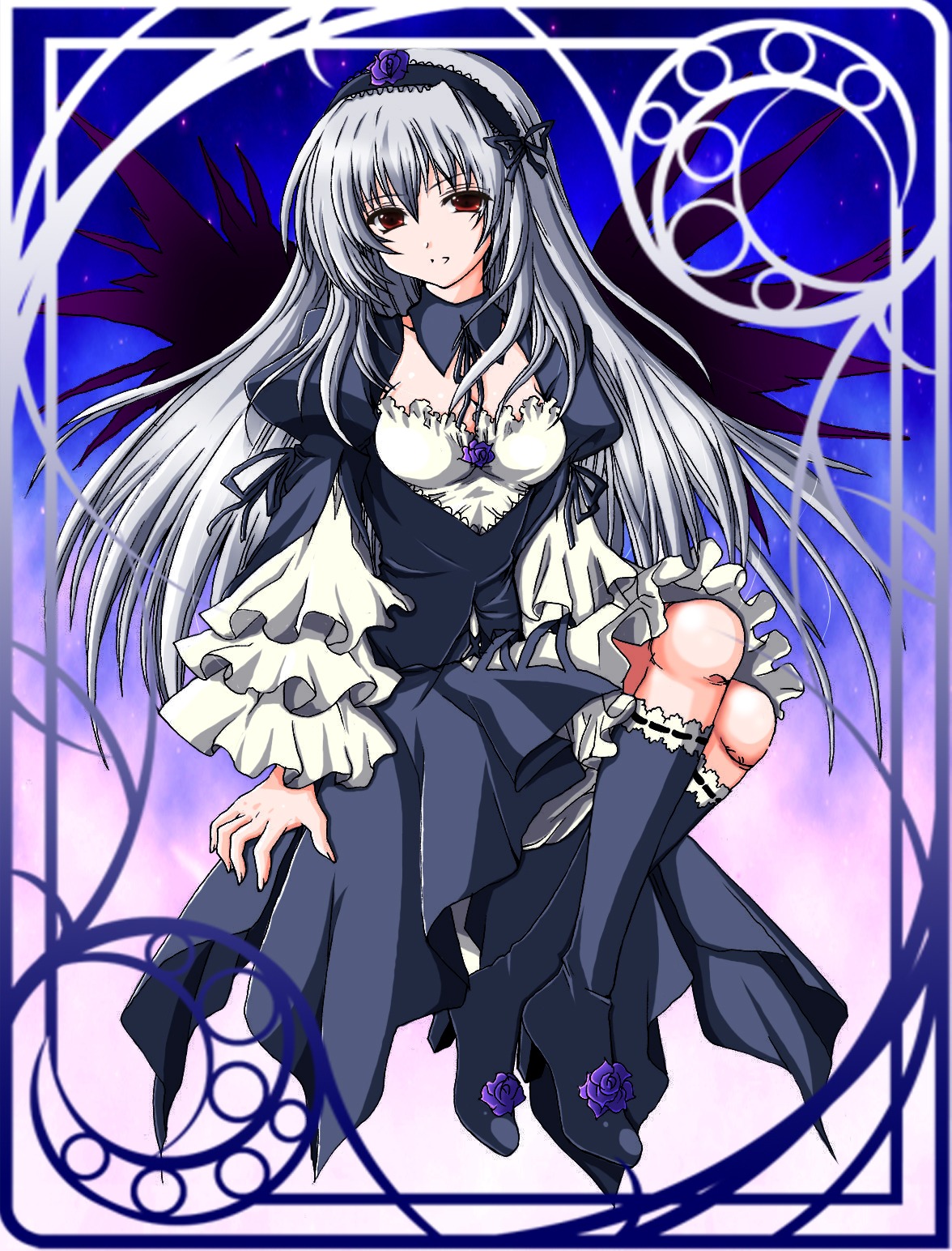 1girl black_wings boots breasts doll_joints dress flower frills hairband image joints knee_boots long_hair long_sleeves looking_at_viewer medium_breasts red_eyes rose silver_hair sitting solo suigintou wings