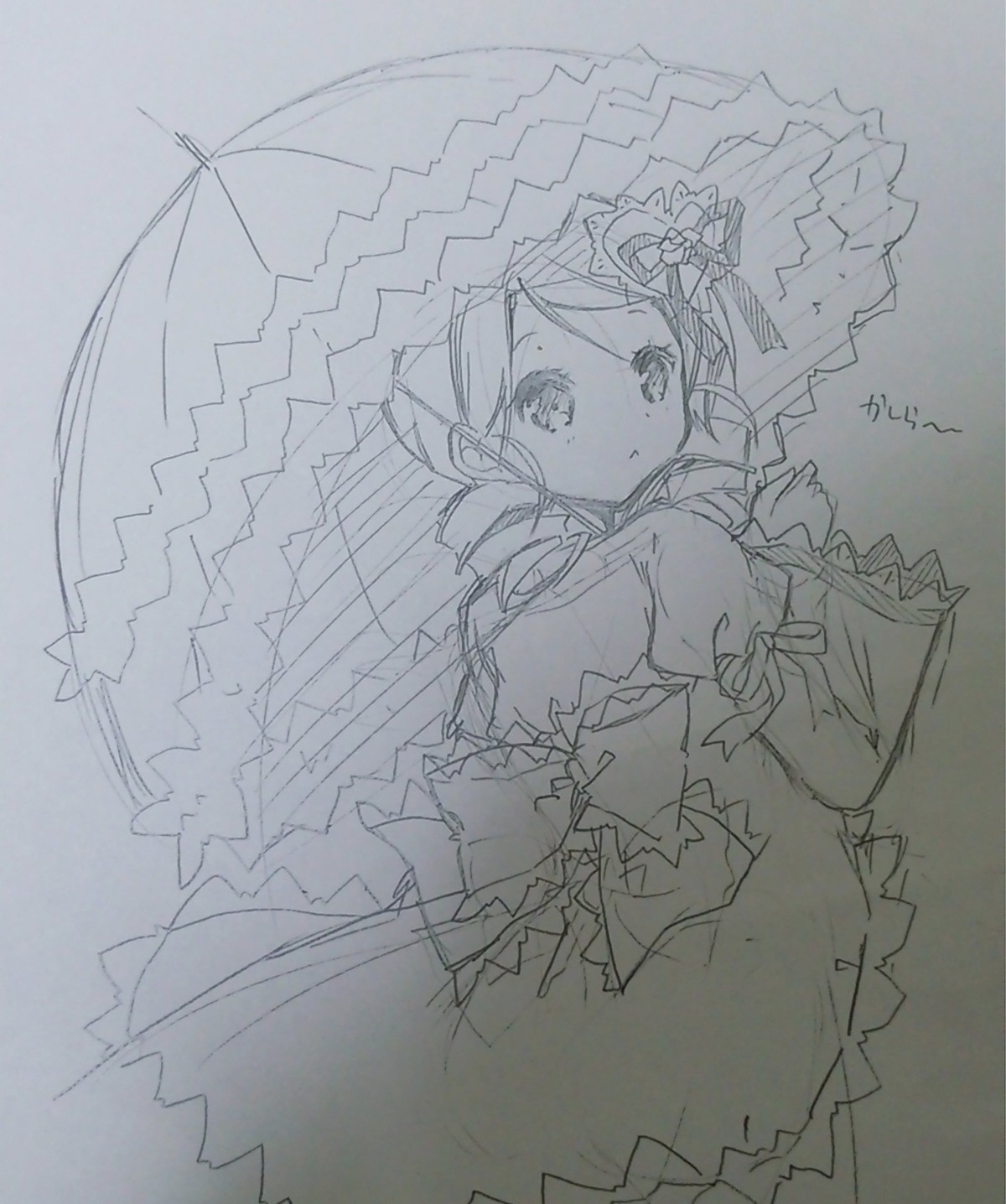 1girl blush dress drill_hair frills holding_umbrella image kanaria long_hair long_sleeves looking_at_viewer monochrome parasol photo rain ringlets sketch solo traditional_media twin_drills twintails umbrella