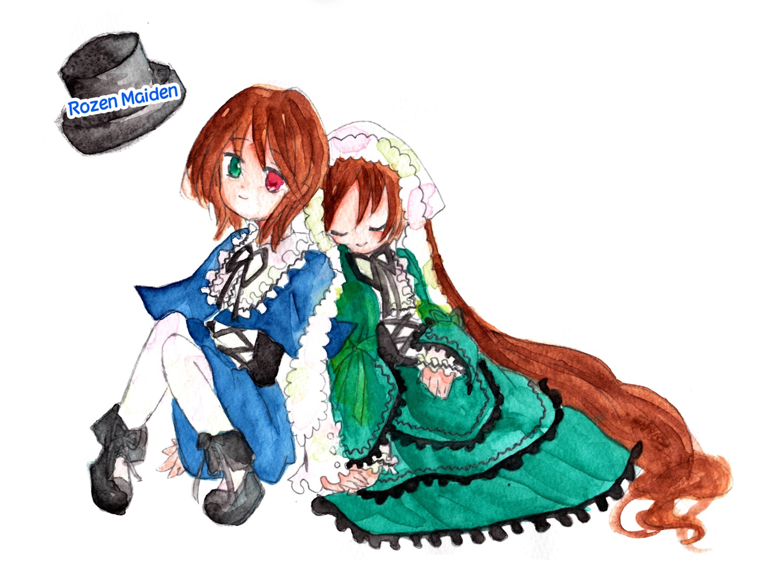 2girls brown_hair closed_eyes dress frills green_dress green_eyes hat heterochromia holding_hands image long_sleeves multiple_girls pair red_eyes short_hair siblings sisters smile souseiseki suiseiseki twins