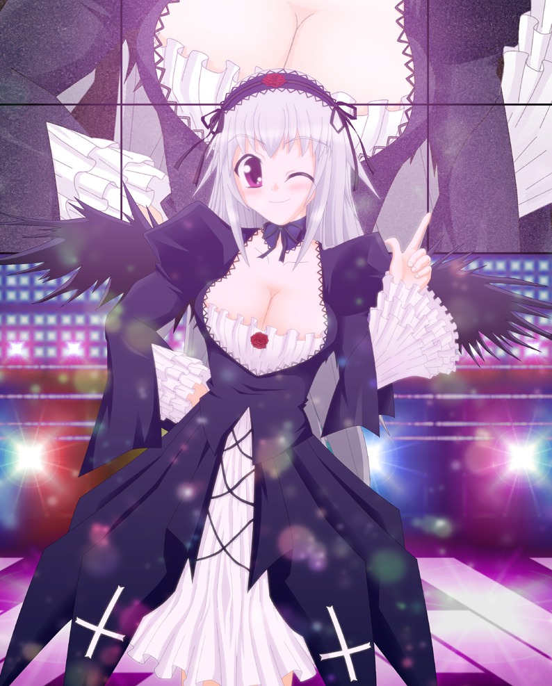 1girl blush breasts cleavage dress frills hairband image large_breasts long_hair one_eye_closed parasol purple_eyes silver_hair smile solo suigintou umbrella wings