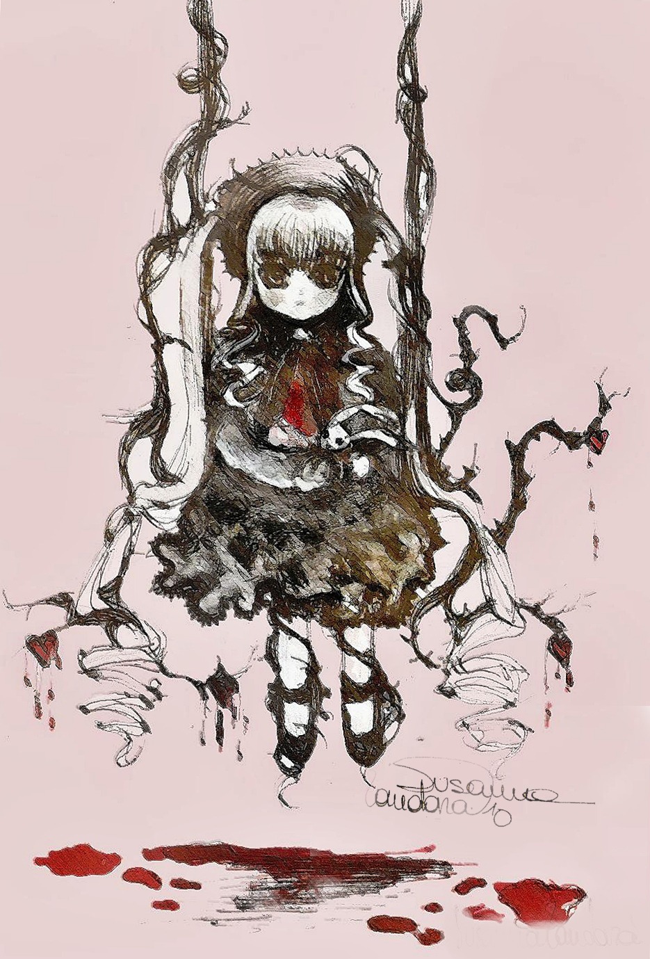 1girl blood dress flower image long_hair monochrome shinku solo spot_color thorns traditional_media vines