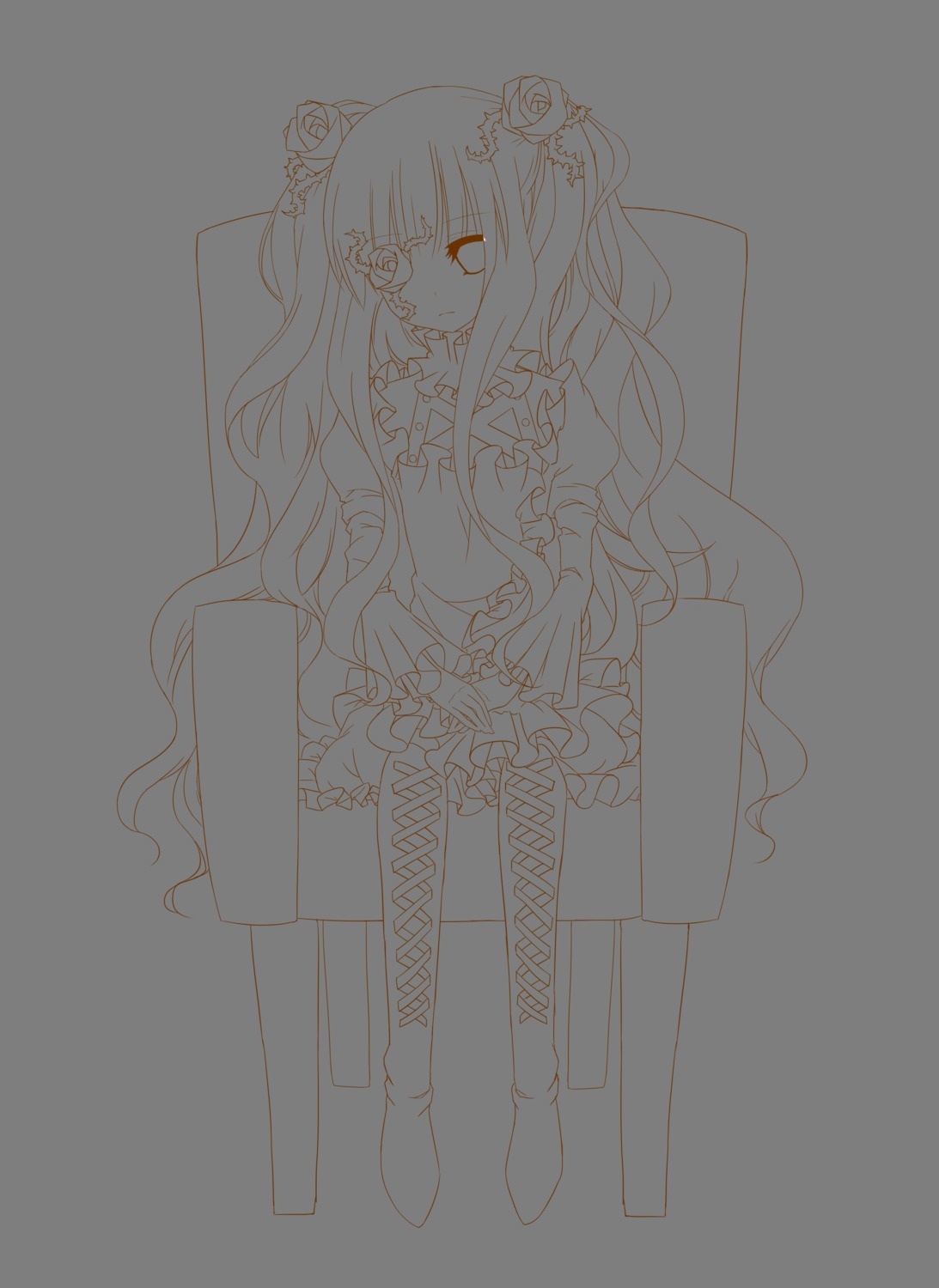 1girl chair dress flower frills full_body hair_ornament image kirakishou lolita_fashion long_hair looking_at_viewer monochrome sitting solo