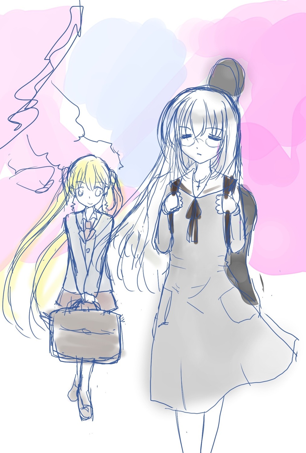 2girls auto_tagged bag bangs briefcase dress glasses handbag hat holding_bag image long_hair long_sleeves multiple_girls pair ribbon sailor_dress school_bag shinku suigintou twintails