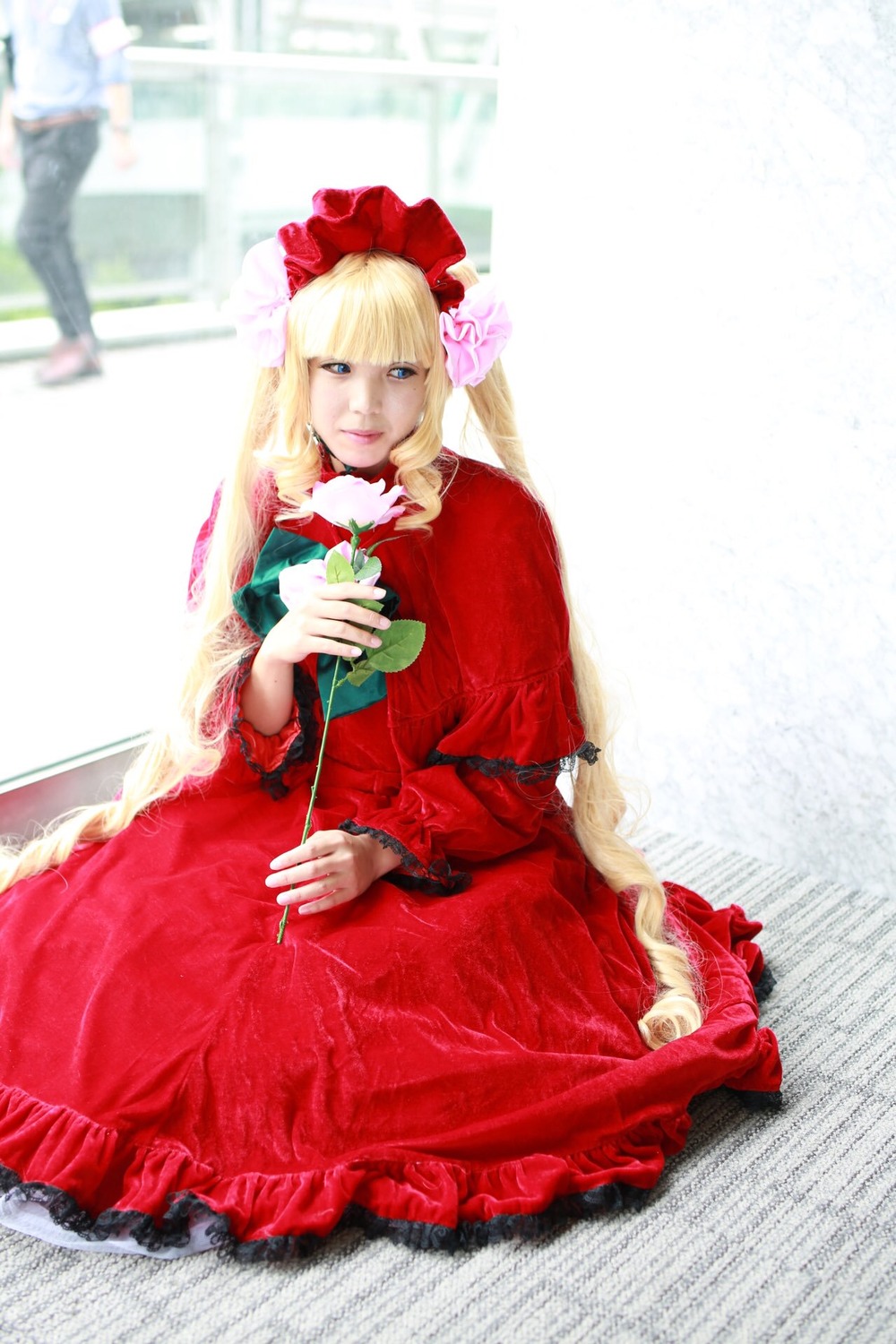 1girl blonde_hair blue_eyes bonnet dress flower frills long_hair red_dress rose shinku sitting solo