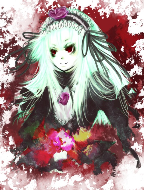 1girl bangs black_dress black_wings dress feathers flower frills hairband image long_hair long_sleeves looking_at_viewer pale_skin red_eyes ribbon rose smile solo suigintou wings