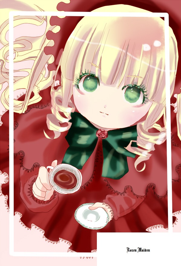 1girl blonde_hair bow cup dress drill_hair green_eyes holding_cup image looking_at_viewer saucer shinku solo tea teacup