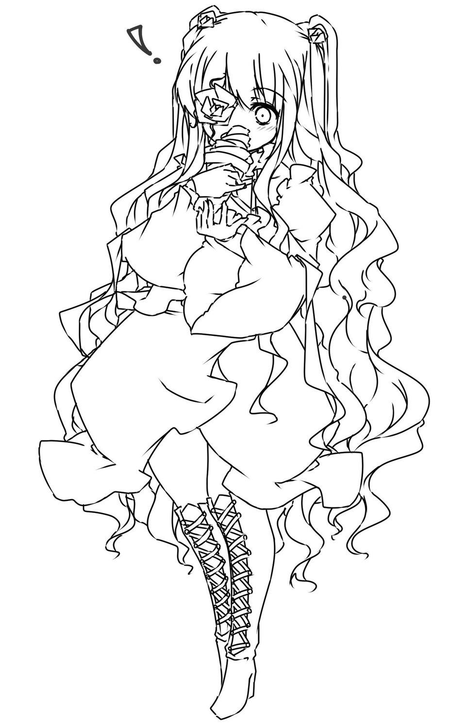 1girl blush boots covering_mouth cross-laced_footwear dress eighth_note full_body greyscale hair_ornament image kirakishou lace-up_boots long_hair long_sleeves monochrome musical_note solo striped two_side_up very_long_hair