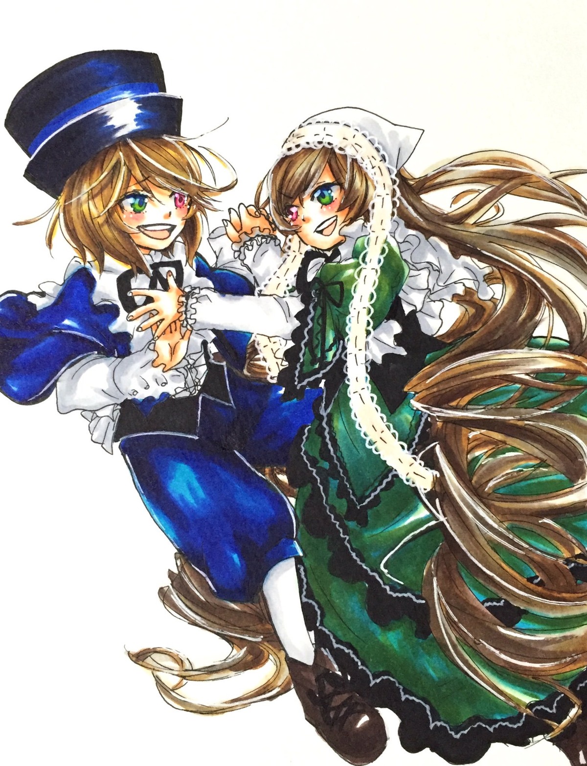 2girls absurdly_long_hair blue_dress boots brown_hair dress green_dress green_eyes hat heterochromia holding_hands image long_hair long_sleeves multiple_girls open_mouth pair red_eyes short_hair siblings sisters smile souseiseki suiseiseki top_hat twins very_long_hair