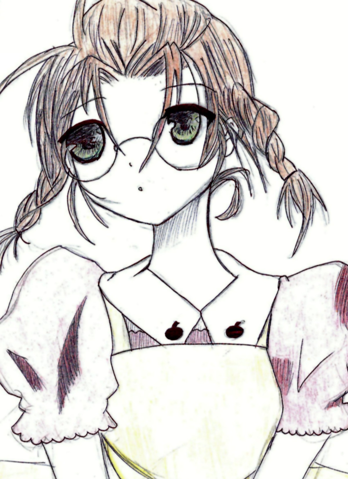 1girl braid eyebrows_visible_through_hair glasses green_eyes human looking_at_viewer puffy_short_sleeves puffy_sleeves sakurada_nori short_sleeves simple_background solo twin_braids white_background