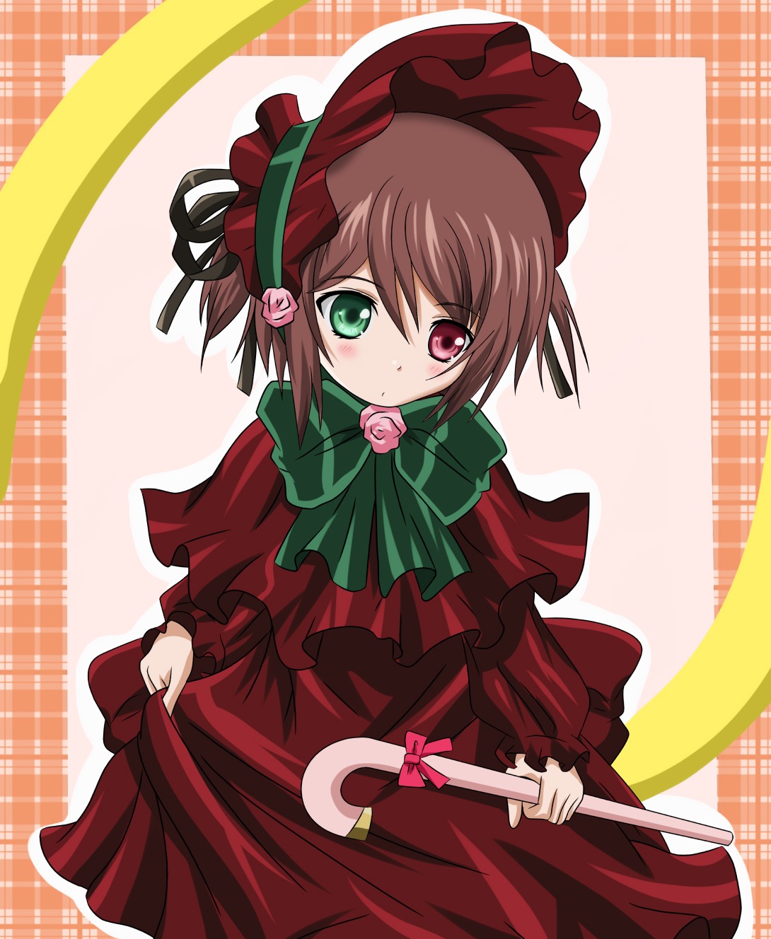 1girl blush bonnet bow brown_hair cane commentary_request costume_switch dress flower frills green_eyes hat heterochromia highres image long_sleeves pink_flower pink_rose red_dress red_eyes ribbon rose rozen_maiden shinku short_hair solo souseiseki takumi_(rozen_garten)