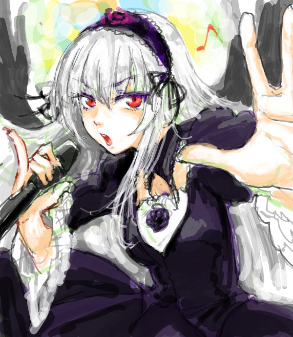1girl bangs black_dress black_wings dress feathered_wings flower frilled_sleeves frills gothic_lolita hairband image karaoke lolita_fashion long_hair long_sleeves looking_at_viewer microphone music open_mouth osakana_(denpa_yun'yun) outstretched_hand red_eyes rose rozen_maiden silver_hair singing solo suigintou wings