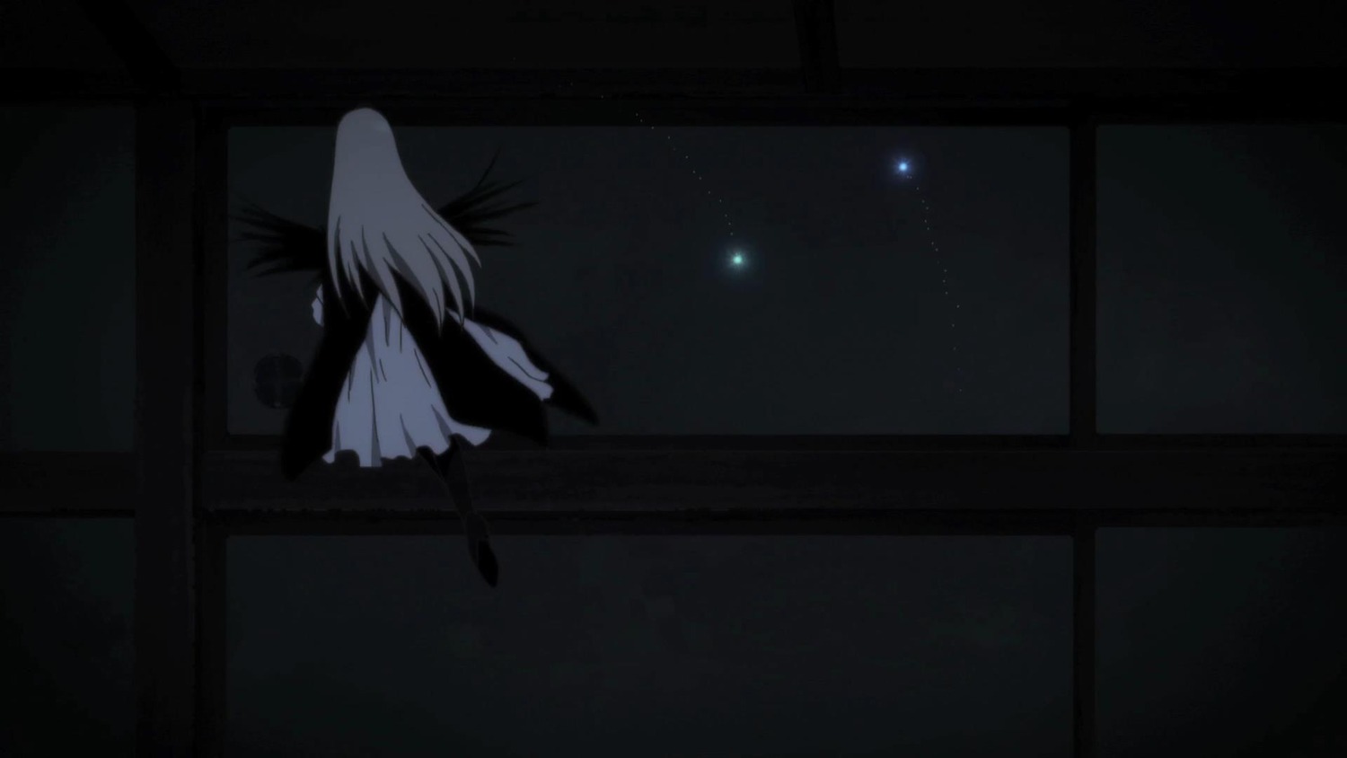 1girl angel_wings dark dress image indoors long_hair night sky solo standing suigintou wide_sleeves window wings