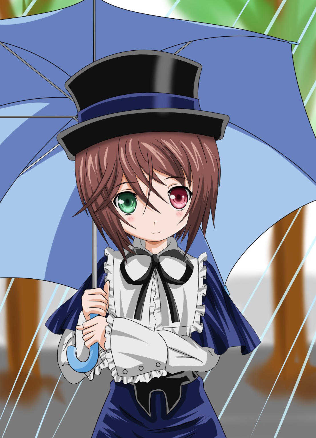 1girl black_umbrella blush brown_hair commentary_request frills green_eyes hat heterochromia highres holding holding_umbrella image long_sleeves looking_at_viewer parasol purple_umbrella rain red_eyes red_umbrella ribbon rozen_maiden shared_umbrella short_hair smile solo souseiseki suiseiseki takumi_(rozen_garten) top_hat umbrella