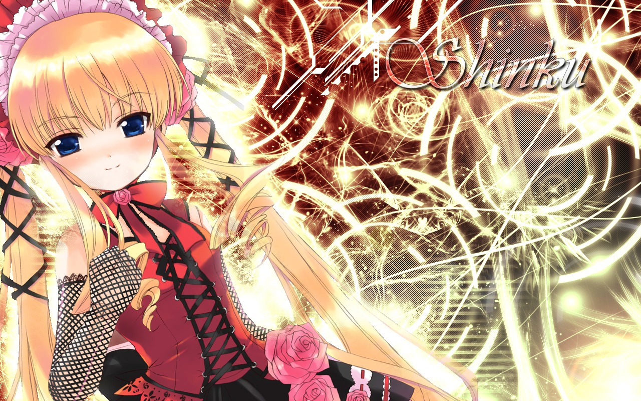 1girl artist_request bangs blonde_hair blue_eyes blunt_bangs blush bonnet doll dress drill_hair flower image long_hair long_sleeves looking_at_viewer magic photoshop_(medium) pink_rose red_dress ribbon rose rozen_maiden shinku sidelocks smile solo twin_drills twintails