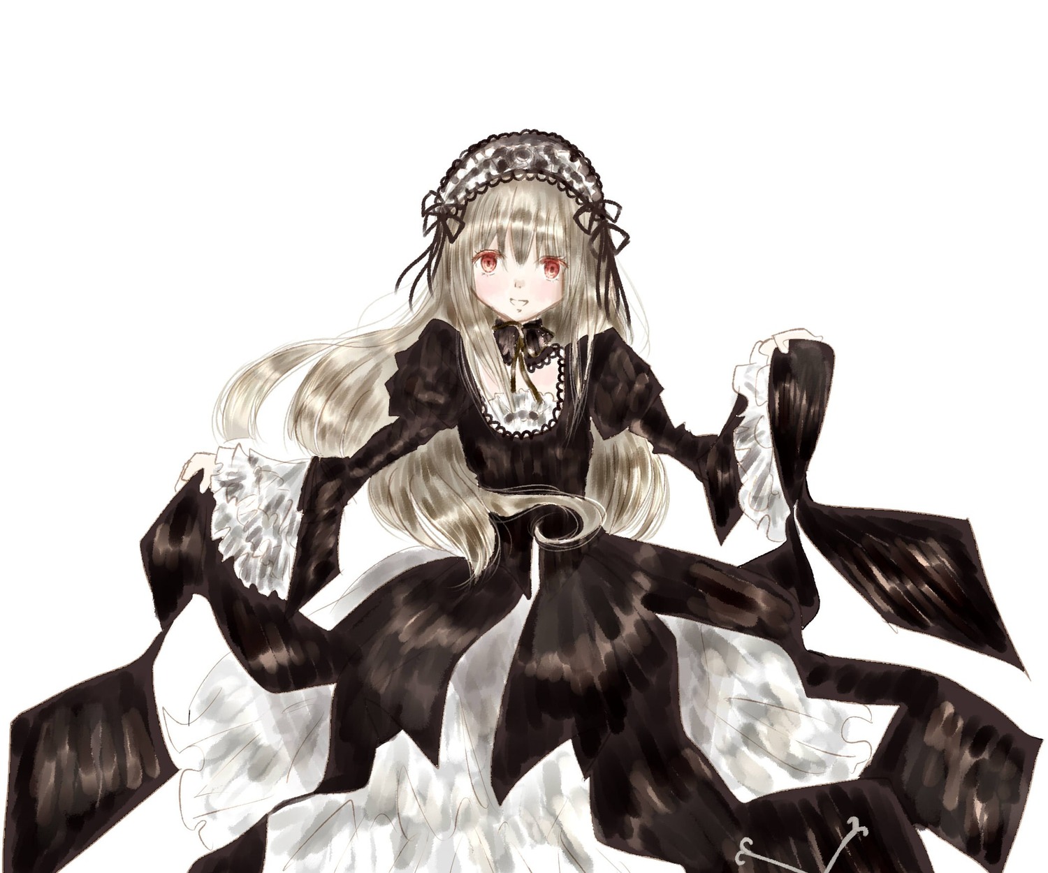 1girl black_dress blush dress frills hairband image juliet_sleeves lolita_hairband long_hair long_sleeves looking_at_viewer puffy_sleeves red_eyes simple_background smile solo suigintou very_long_hair white_background