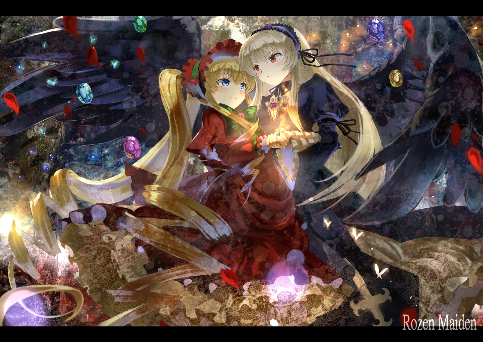 2girls blonde_hair blue_eyes bonnet commentary_request dress drill_hair flower gothic_lolita hairband holding_hands image letterboxed lolita_fashion lolita_hairband long_hair long_sleeves multiple_girls pair petals red_dress red_eyes rose rozen_maiden shinku siblings silver_hair sisters suigintou twintails ultimate_asuka very_long_hair wings