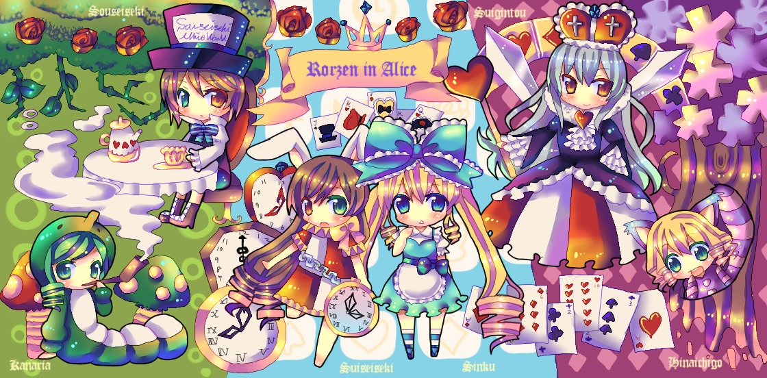 4girls blonde_hair blue_eyes blue_hair bow brown_hair card chibi crown dress flower green_eyes hat heterochromia image multiple multiple_boys multiple_girls playing_card pocket_watch red_flower rose short_hair souseiseki suiseiseki tagme very_long_hair watch