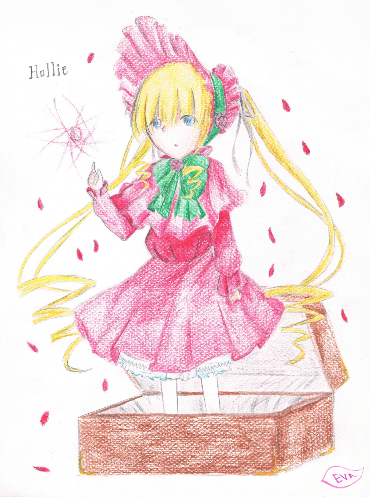 1girl blonde_hair blue_eyes bonnet bow bowtie dress flower green_neckwear image long_hair long_sleeves looking_at_viewer pantyhose petals rose rose_petals shinku solo standing