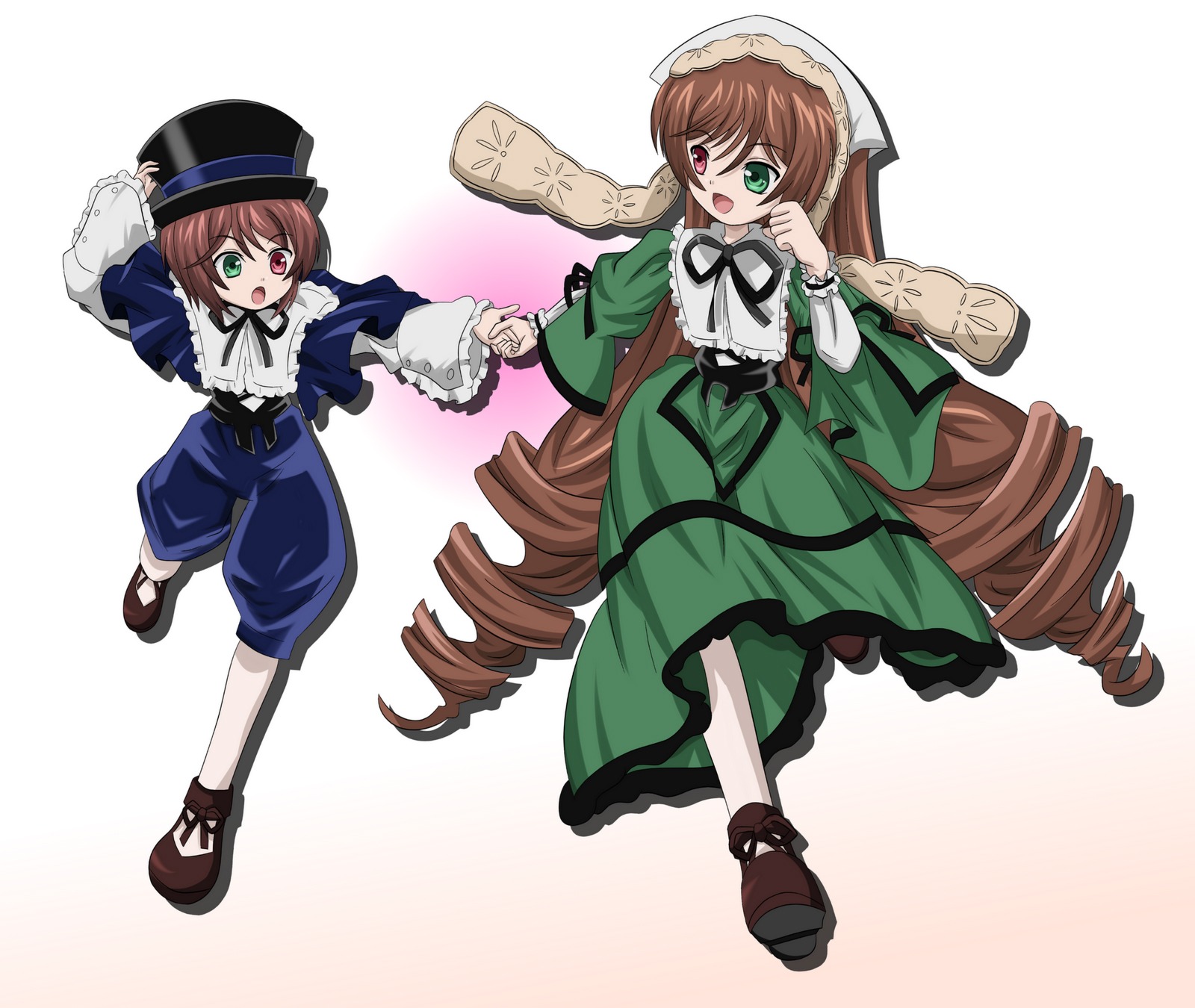 2girls :d brown_hair dress drill_hair frills green_eyes hat heterochromia image long_hair long_sleeves multiple_girls open_mouth pair red_eyes short_hair siblings sisters smile souseiseki suiseiseki top_hat twin_drills twins very_long_hair watering_can