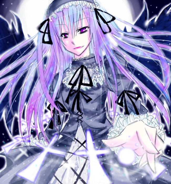 1girl black_dress black_neckwear black_ribbon blurry blurry_foreground depth_of_field dress floating_hair frills full_moon hairband image lolita_hairband long_hair long_sleeves looking_at_viewer moon neck_ribbon pink_eyes ribbon solo suigintou very_long_hair wings