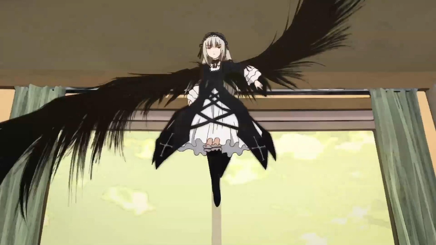 1girl black_dress black_ribbon black_wings dress frills hairband image long_sleeves looking_at_viewer outstretched_arm ribbon solo standing suigintou wings