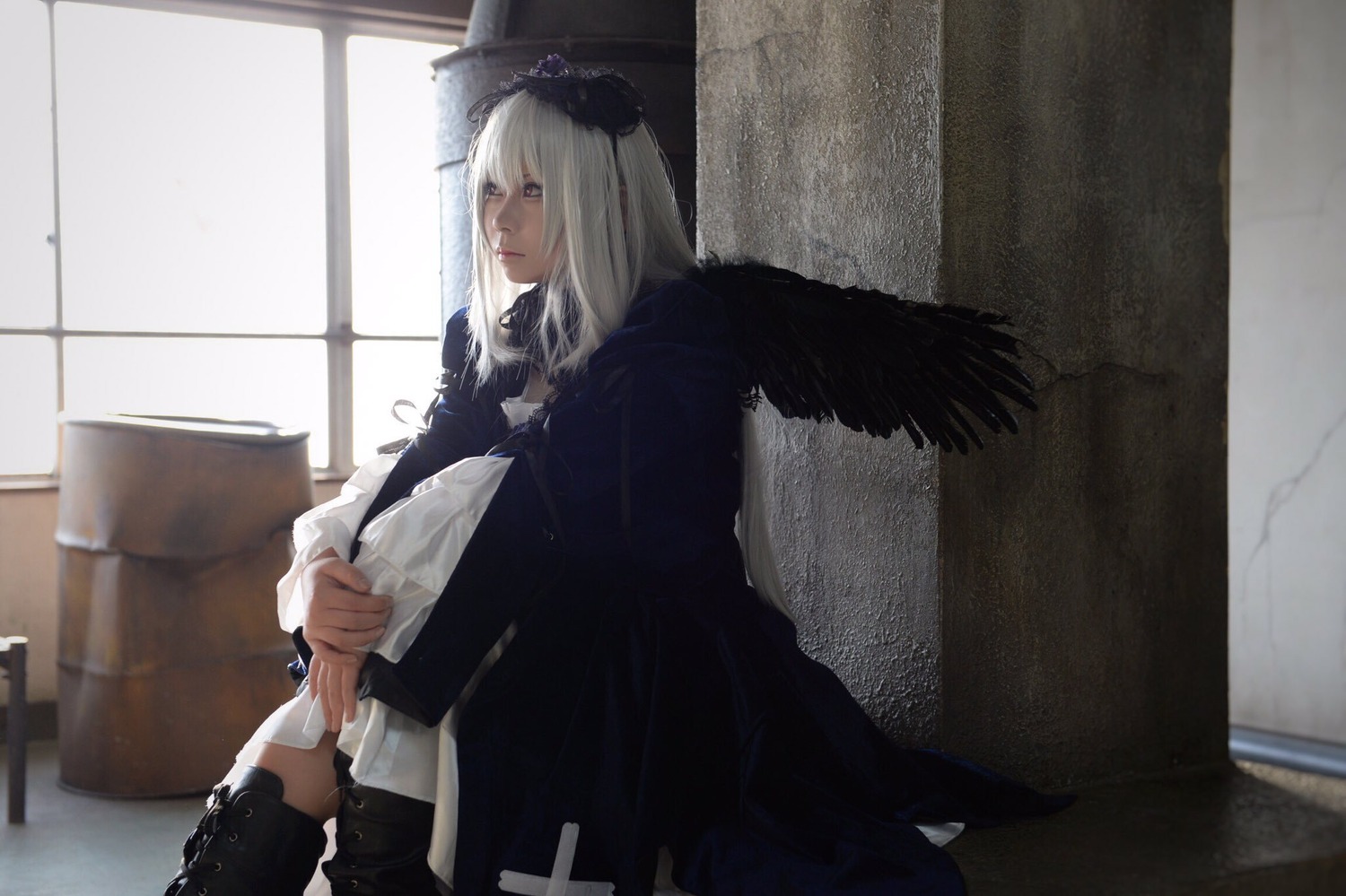 1girl feathers gun indoors long_hair long_sleeves photo solo suigintou window wings