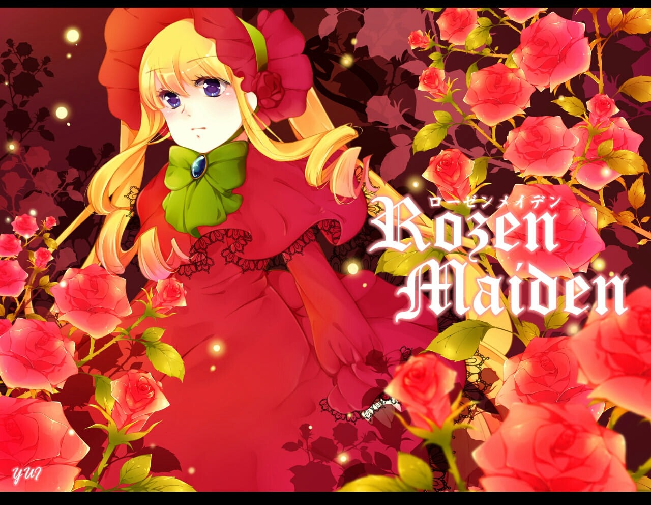 1girl black_border blonde_hair blue_eyes bow bowtie capelet dress flower green_bow green_neckwear image letterboxed long_hair long_sleeves looking_at_viewer pink_flower pink_rose red_capelet red_dress red_flower red_rose red_theme rose shinku solo