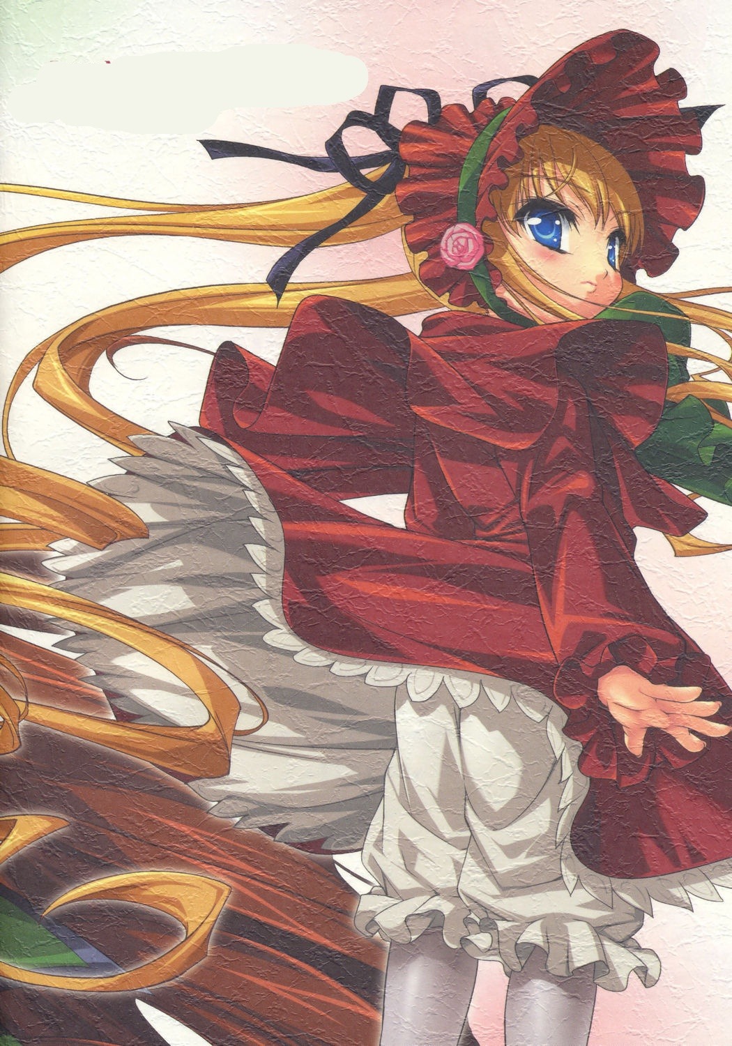 1girl blonde_hair bloomers blue_eyes blush bonnet dress flower frills image long_hair long_sleeves looking_at_viewer looking_back red_dress ribbon rose shinku smile solo twintails underwear very_long_hair