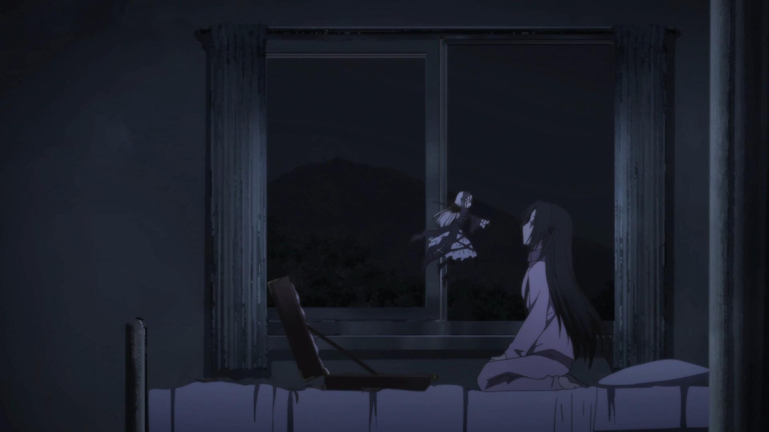bed black_hair curtains dark image indoors kakizaki_megu long_hair night sitting solo suigintou window