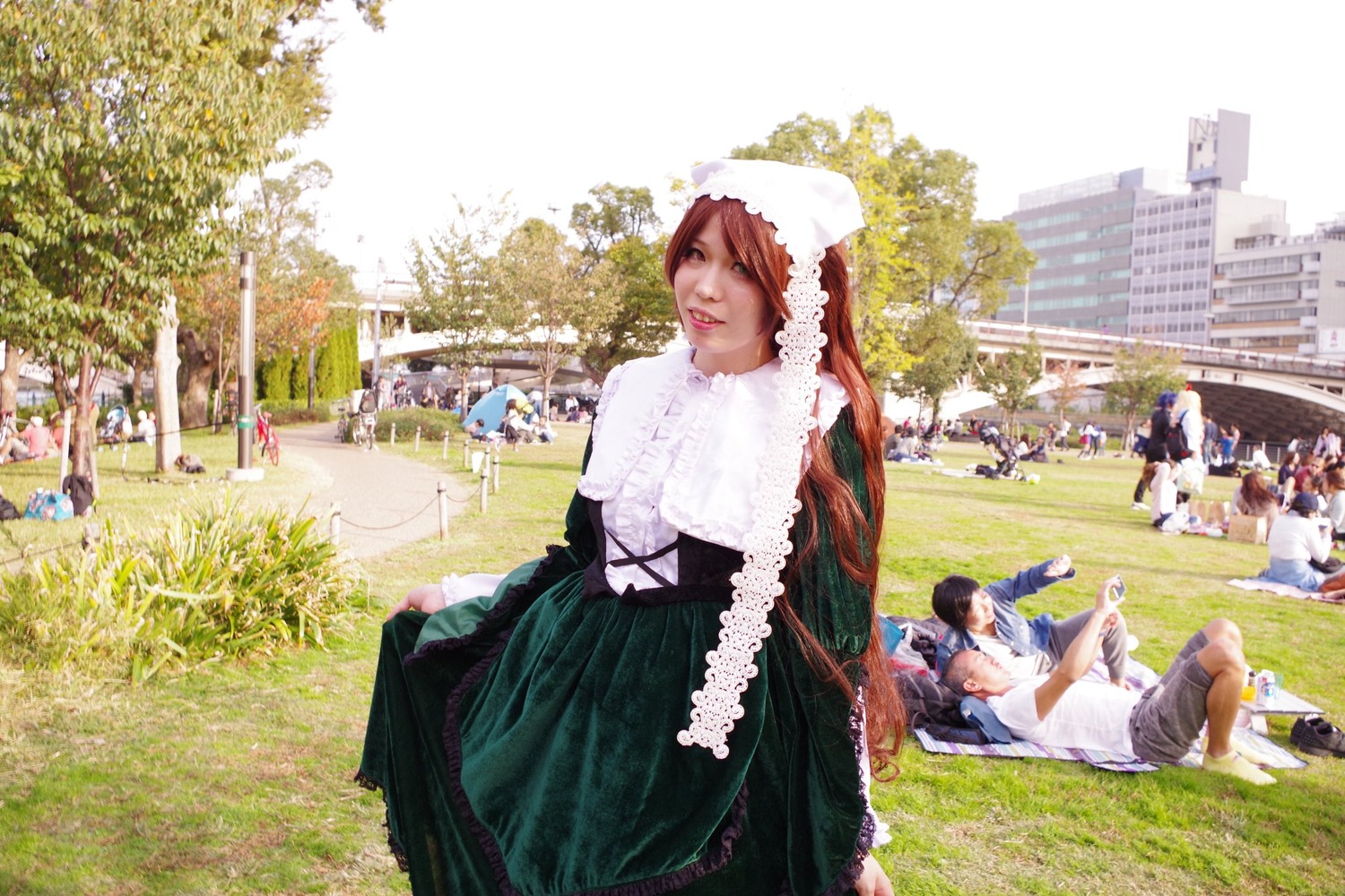 6+girls black_hair brown_hair building day dress flower grass head_scarf long_hair maid multiple_girls outdoors sitting solo suiseiseki tree