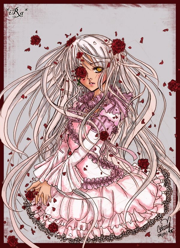 1girl auto_tagged blood dress eyepatch flower frills hair_flower hair_ornament image kirakishou long_hair petals red_flower red_rose rose rose_petals solo thorns twintails very_long_hair vines white_hair yellow_eyes