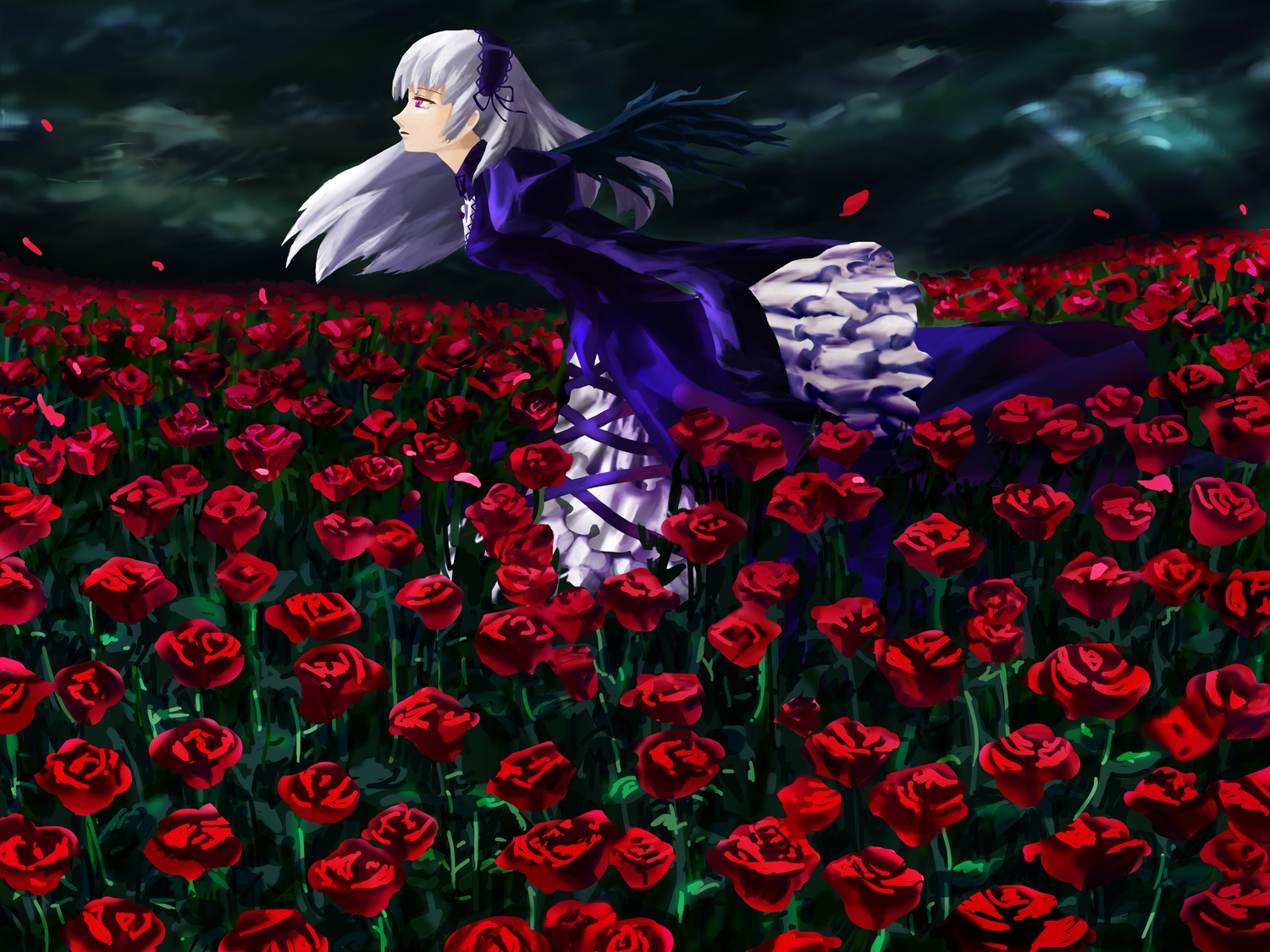 1girl black_rose cross dress flower hairband image long_hair long_sleeves petals pink_eyes plant purple_flower purple_rose red_eyes red_flower red_rose rose rose_petals silver_hair solo spider_lily suigintou thorns vines wings