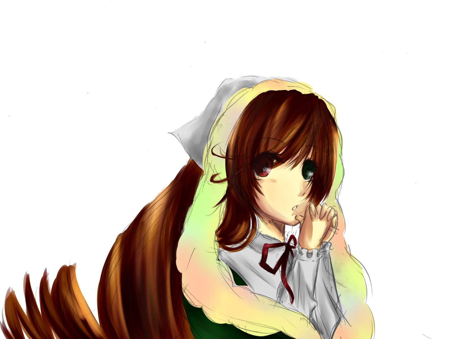 1girl brown_hair dress green_dress green_eyes head_scarf heterochromia image long_hair long_sleeves looking_at_viewer red_eyes ribbon simple_background solo suiseiseki upper_body very_long_hair white_background