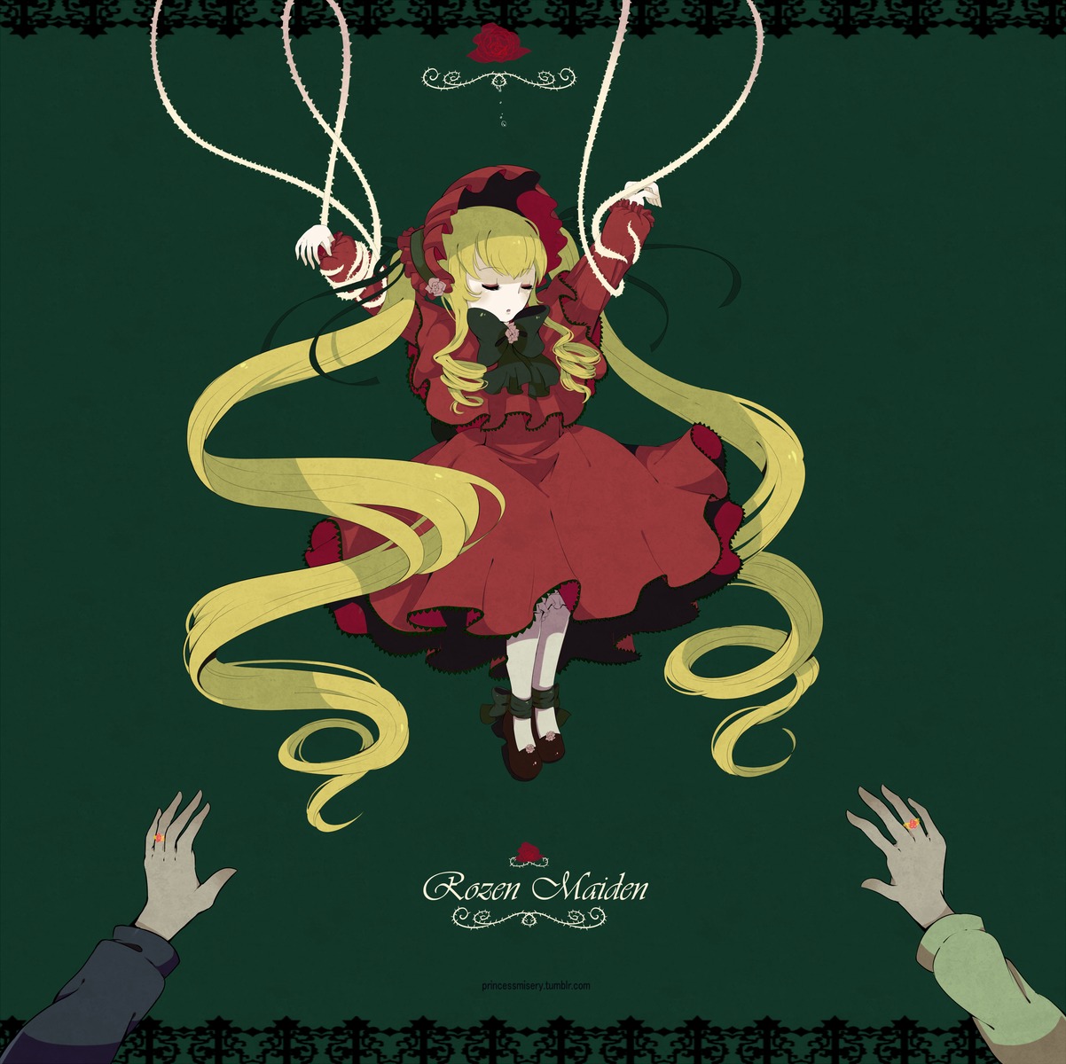 1girl 2girls blonde_hair bonnet bow dress hands heart image long_hair long_sleeves multiple_girls red_dress shinku shoes solo solo_focus twintails very_long_hair