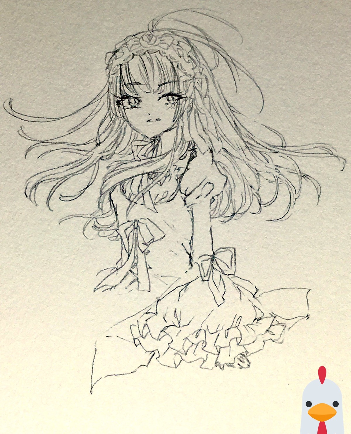 1girl dress frills hairband image long_hair looking_at_viewer monochrome solo suigintou traditional_media