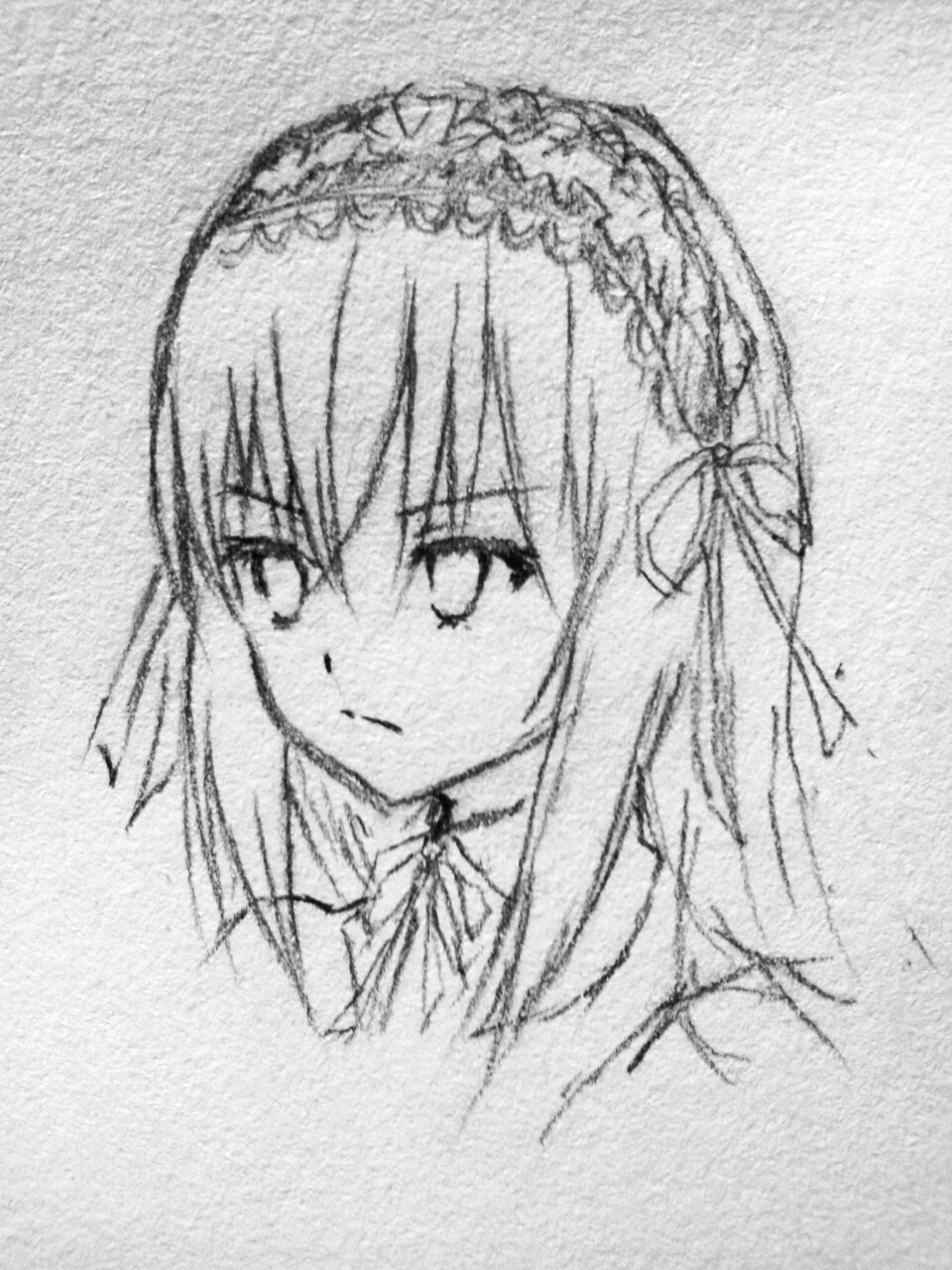 1girl bangs closed_mouth eyebrows_visible_through_hair greyscale hair_ribbon image monochrome ribbon solo suigintou traditional_media upper_body