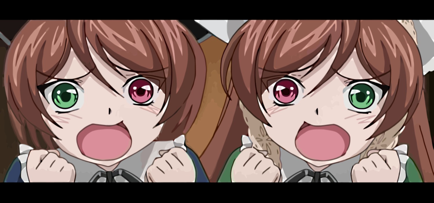 2girls :d brown_hair clenched_hands green_eyes heterochromia image letterboxed long_hair looking_at_viewer multiple_girls open_mouth pair parody paw_pose red_eyes siblings sisters smile souseiseki suiseiseki symbol-shaped_pupils tears twins