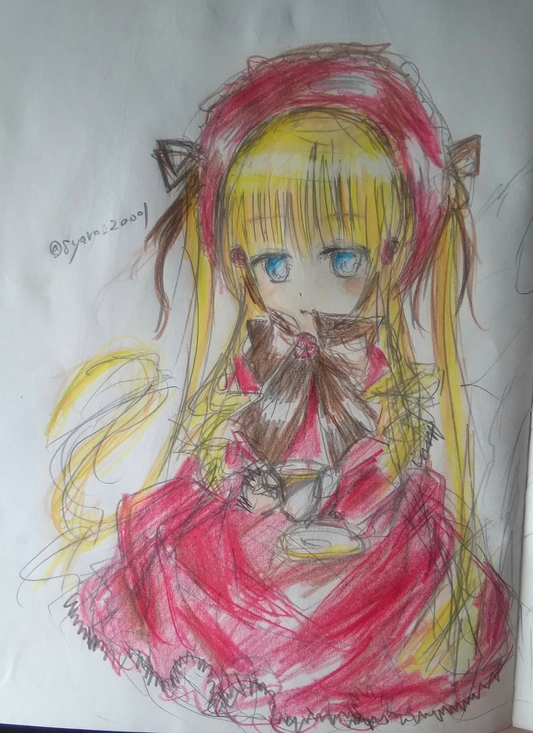 1girl blonde_hair blue_eyes bow bowtie dress frills image long_hair long_sleeves photo red_dress ribbon shinku sitting solo traditional_media very_long_hair