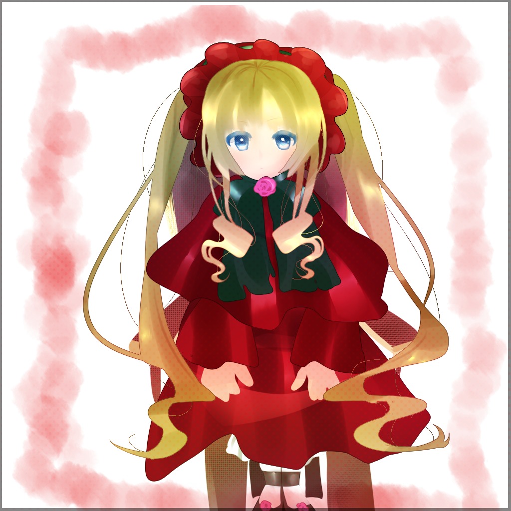 1girl blonde_hair blue_eyes bonnet bow dress flower full_body image long_hair mouth_hold pink_rose red_dress red_rose rose shinku solo twintails very_long_hair