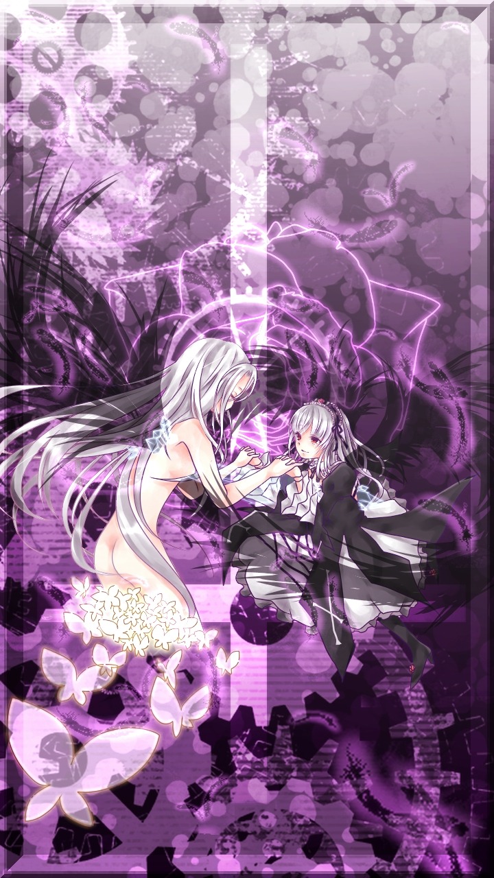 2girls breasts bug butterfly image insect kakizaki_megu long_hair multiple_girls silver_hair solo suigintou very_long_hair wings