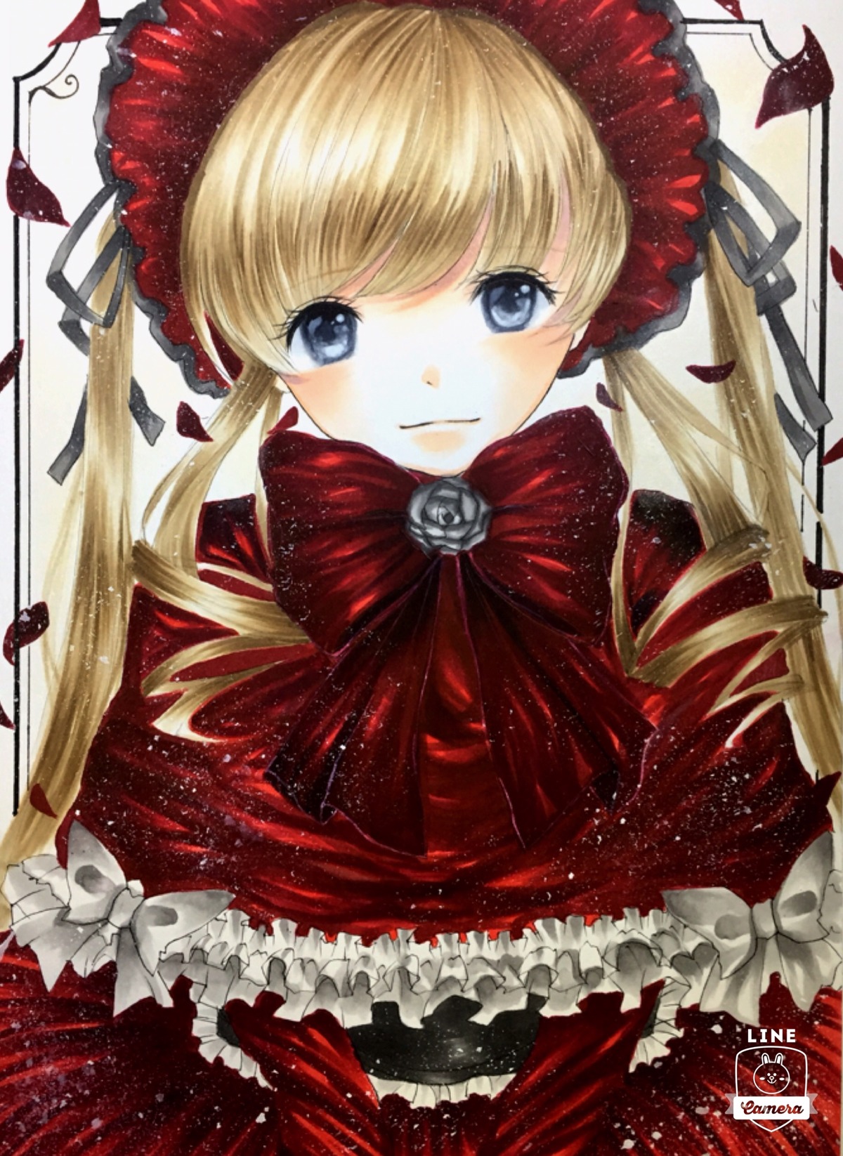 1girl blonde_hair blue_eyes bonnet bow bowtie dress drill_hair flower frills green_bow image long_hair looking_at_viewer marker_(medium) red_capelet red_dress rose shinku signature solo traditional_media twin_drills twintails