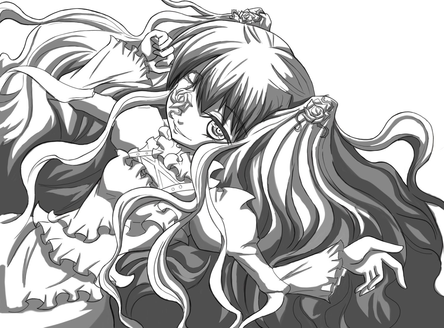 1girl dress flower greyscale image kirakishou lineart long_hair long_sleeves monochrome smile solo very_long_hair