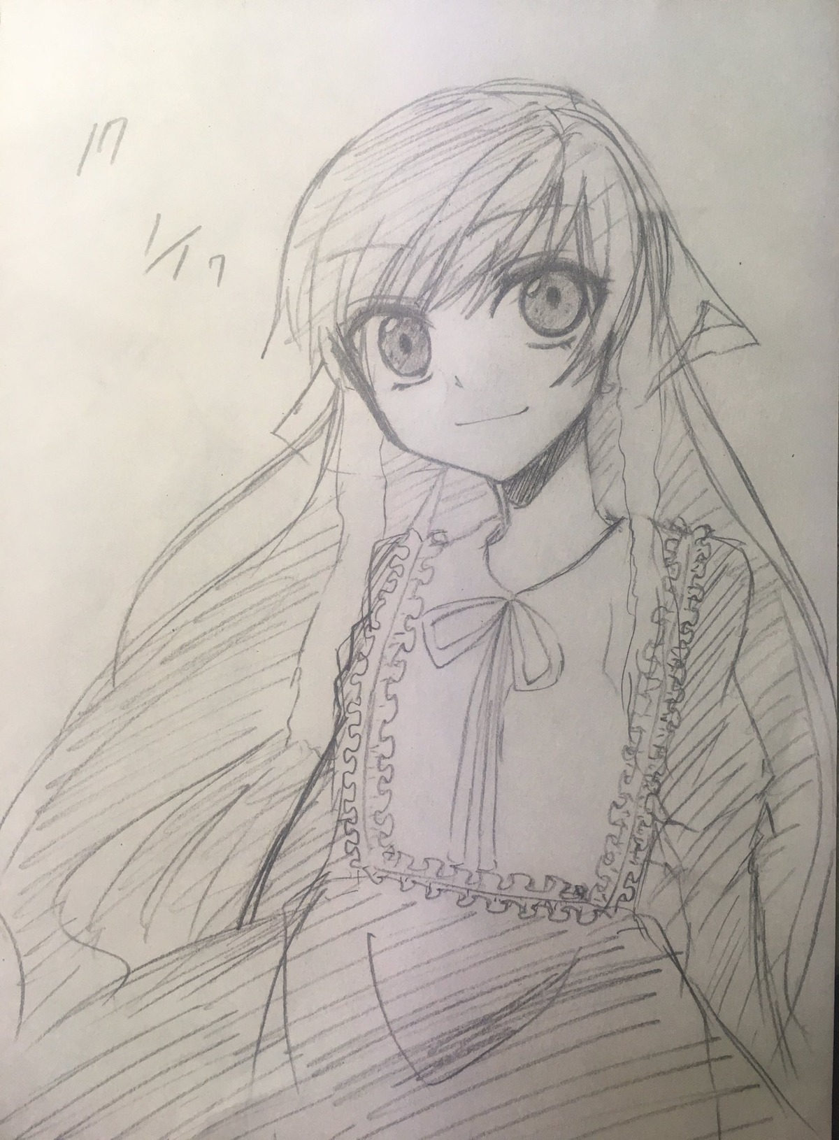 1girl dress image long_hair long_sleeves looking_at_viewer monochrome ribbon simple_background sketch smile solo suiseiseki very_long_hair