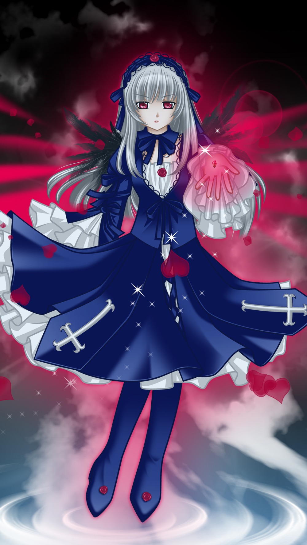 1girl dress frills full_body hairband image long_hair long_sleeves looking_at_viewer red_eyes silver_hair solo standing suigintou very_long_hair wings