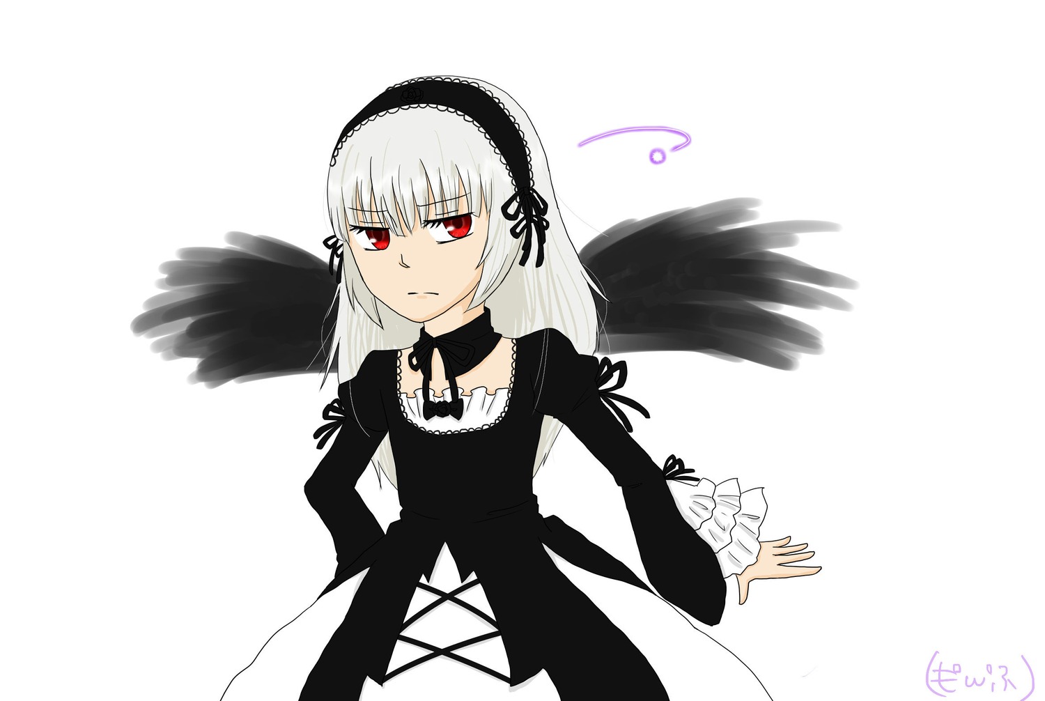 1girl bangs black_dress black_ribbon black_wings closed_mouth dress feathered_wings frills hairband image juliet_sleeves long_hair long_sleeves looking_at_viewer red_eyes ribbon simple_background solo suigintou white_background white_wings wings